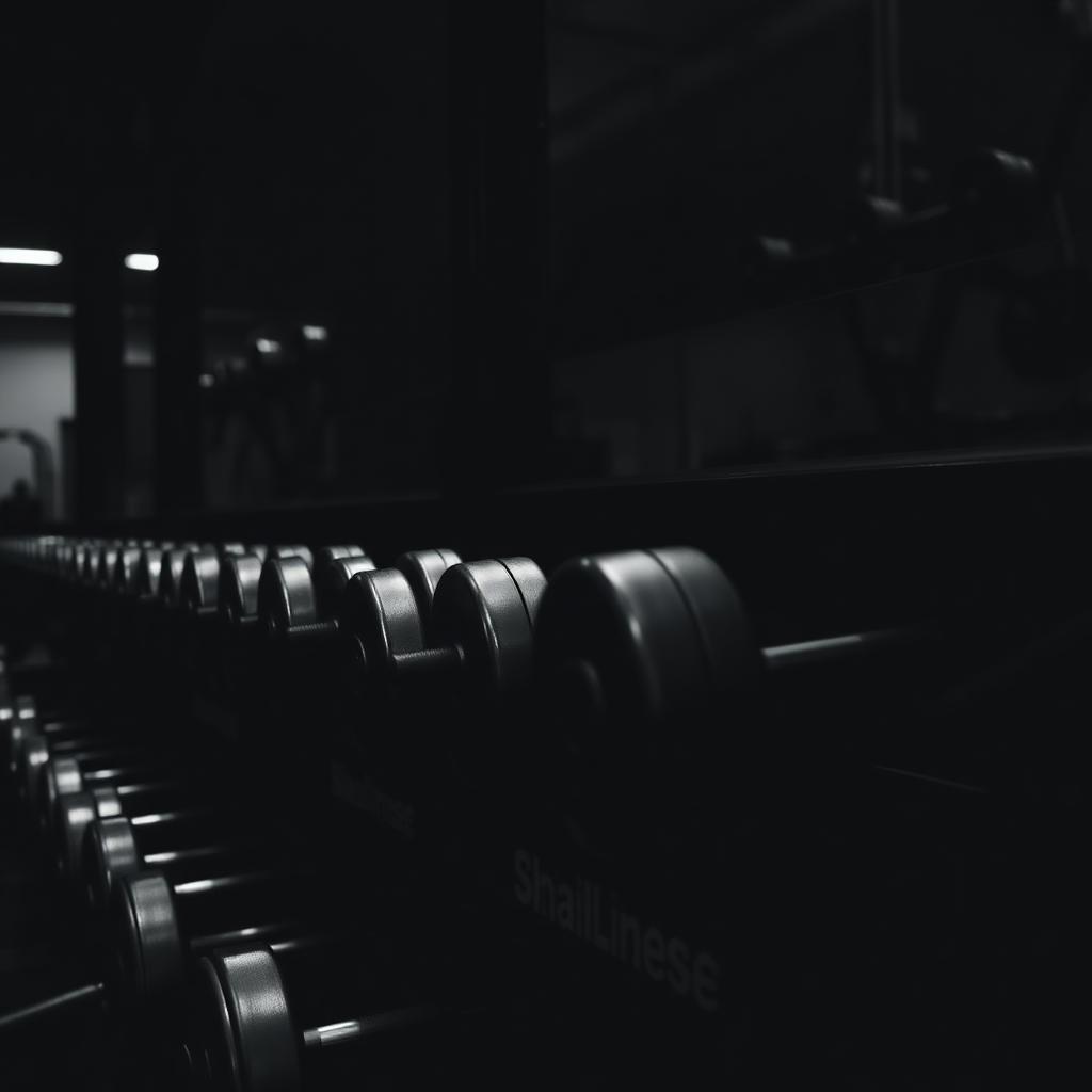 Rack de mancuernas en un gimnasio oscuro