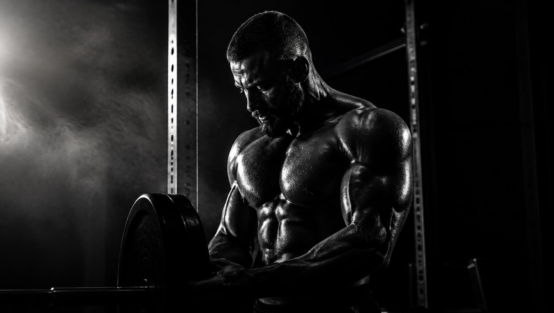 Atleta entrenando con mancuerna en un gimnasio oscuro con iluminación dramática
